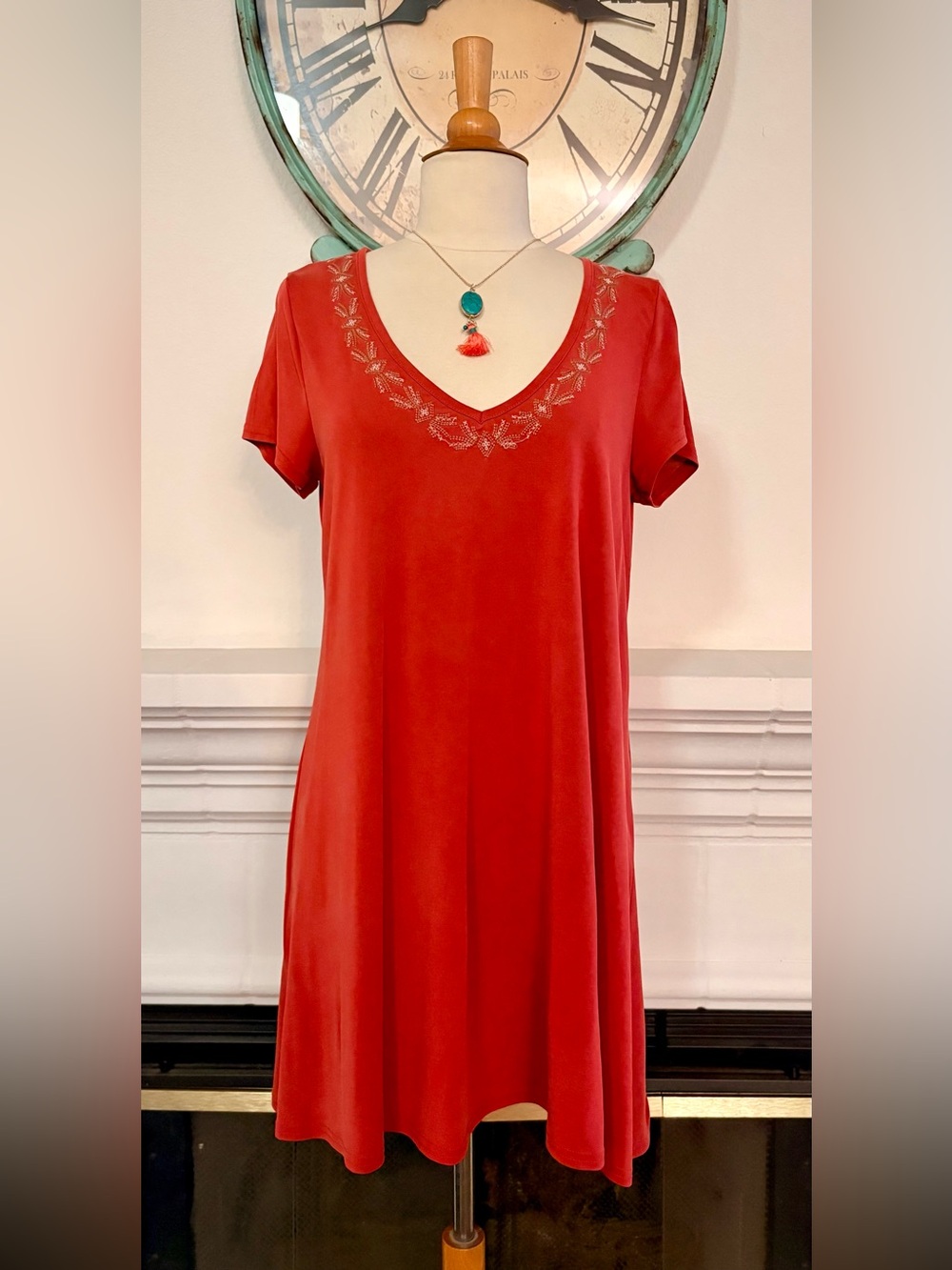 Alya Red V-Neck Short Sleeve Tunic Dress